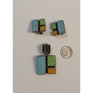 Vintage Taxco Sterling Silver Multi Stone Mosaic Modernist Earrings Pendant Set